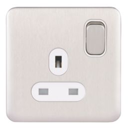 Schneider Electric Lisse Deco 13A 1-Gang SP Switched Plug Socket Brushed Stainless Steel  with White Inserts