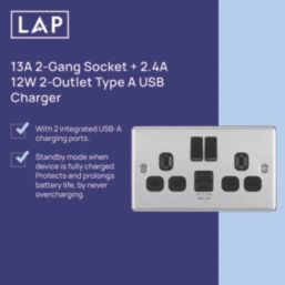 LAP  13A 2-Gang SP Switched Socket + 2.4A 12W 2-Outlet Type A USB Charger Brushed Steel with Black Inserts