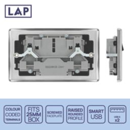 LAP  13A 2-Gang SP Switched Socket + 2.4A 12W 2-Outlet Type A USB Charger Brushed Steel with Black Inserts