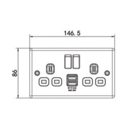 LAP  13A 2-Gang SP Switched Socket + 2.4A 12W 2-Outlet Type A USB Charger Brushed Steel with Black Inserts