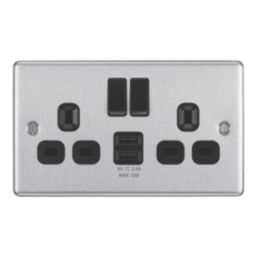 LAP  13A 2-Gang SP Switched Socket + 2.4A 12W 2-Outlet Type A USB Charger Brushed Steel with Black Inserts