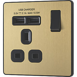 British General Evolve 13A 1-Gang SP Switched Socket + 2.1A 10.5W 2-Outlet Type A USB Charger Satin Brass with Black Inserts