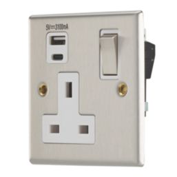 Contactum iConic 13A 1-Gang DP Switched Socket + 3.1A 15.5W 1-Outlet Type A & C USB Charger Brushed Stainless Steel with White Inserts
