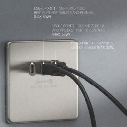 Knightsbridge  5A 63W 3-Outlet Type A & C USB Socket Brushed Chrome with Grey Inserts