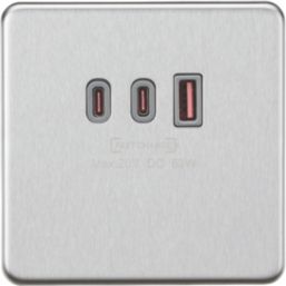 Knightsbridge  5A 63W 3-Outlet Type A & C USB Socket Brushed Chrome with Grey Inserts
