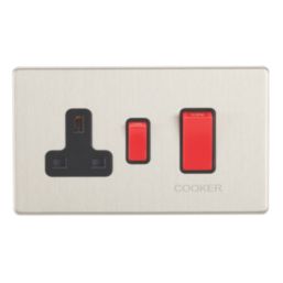 Contactum Lyric 45A 2-Gang DP Cooker Switch & 13A DP Switched Socket Brushed Steel  with Black Inserts