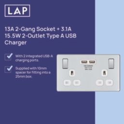 LAP  13A 2-Gang DP Switched Socket + 3.1A 15.5W 2-Outlet Type A USB Charger Polished Chrome with White Inserts
