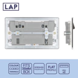LAP  13A 2-Gang DP Switched Socket + 3.1A 15.5W 2-Outlet Type A USB Charger Polished Chrome with White Inserts