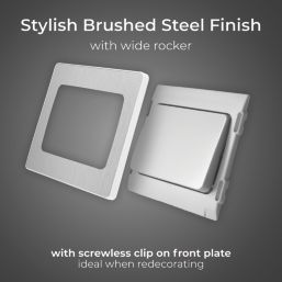 British General Evolve 20A 16AX 1-Gang 2-Way Wide Rocker Light Switch  Brushed Steel with White Inserts