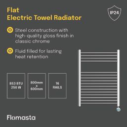 Flomasta 800mm x 600mm 853BTU Chrome Flat Electric Towel Radiator