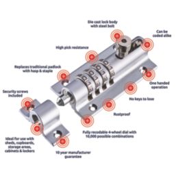 Squire Die-Cast Steel 4-Dial Combination Bolt 120mm Chrome