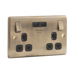 British General Nexus Metal 13A 2-Gang SP Switched Socket + 3.1A 15.5W 2-Outlet Type A USB Charger Antique Brass with Black Inserts