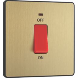 British General Evolve 45A 1-Gang 2-Pole Cooker Switch Satin Brass with LED with Black Inserts