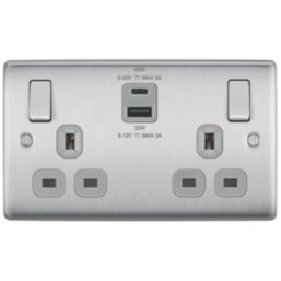 British General Nexus Metal 13A 2-Gang SP Switched Socket + 3A 45W 2-Outlet Type A & C USB Charger Brushed Steel with Grey Inserts