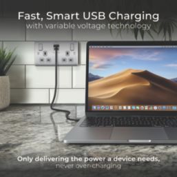 British General Nexus Metal 13A 2-Gang SP Switched Socket + 3A 45W 2-Outlet Type A & C USB Charger Brushed Steel with Grey Inserts