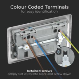 British General Nexus Metal 13A 2-Gang SP Switched Socket + 3A 45W 2-Outlet Type A & C USB Charger Brushed Steel with Grey Inserts