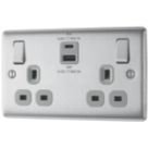 British General Nexus Metal 13A 2-Gang SP Switched Socket + 3A 45W 2-Outlet Type A & C USB Charger Brushed Steel with Grey Inserts
