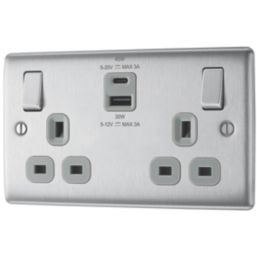 British General Nexus Metal 13A 2-Gang SP Switched Socket + 3A 45W 2-Outlet Type A & C USB Charger Brushed Steel with Grey Inserts