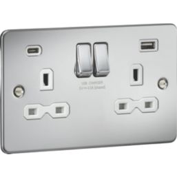 Knightsbridge  13A 2-Gang SP Switched Socket + 4.0A 20W 2-Outlet Type A & C USB Charger Polished Chrome with White Inserts