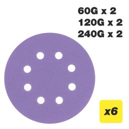 Trend  AB/125/M6 60, 120 & 240 Grit 8-Hole Punched Wood, Paint, Plastic, Filler, Plaster & Metal Random Orbital Sanding Discs 125mm 6 Pack
