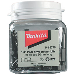 Makita P-65779 1/4" 50mm Hex Shank PZ2 Screwdriver Bits 50 Pack