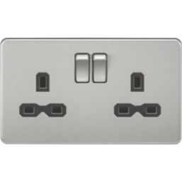 Knightsbridge  13A 2-Gang DP Switched Double Socket Brushed Chrome  with Black Inserts