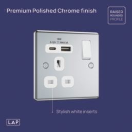 LAP  13A 1-Gang SP Switched Socket + 3A 18W 2-Outlet Type A & C USB Charger Polished Chrome with White Inserts
