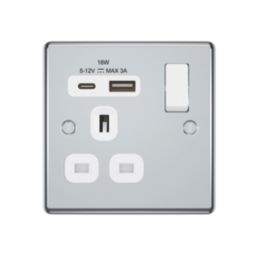 LAP  13A 1-Gang SP Switched Socket + 3A 18W 2-Outlet Type A & C USB Charger Polished Chrome with White Inserts
