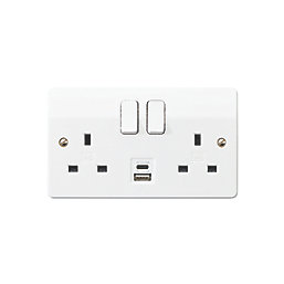 MK Logic Plus 13A 2-Gang DP Switched Socket + 3A 15.5W 2-Outlet Type A & C USB Charger White with White Inserts