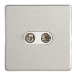 Contactum Lyric 2-Gang Coaxial TV & F-Type Satellite Socket Brushed Steel with White Inserts