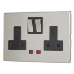 Contactum Lyric 13A 2-Gang DP Switched Socket Outlet Brushed Steel with Neon with Black Inserts