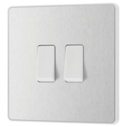 British General Evolve 20A 16AX 2-Gang 2-Way Light Switch  Brushed Steel with White Inserts
