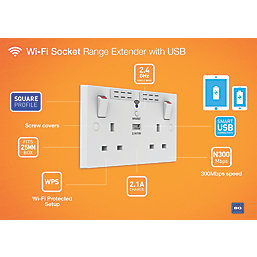 British General 900 Series 13A 2-Gang SP Switched Wi-Fi Extender Socket + 2.1A 1-Outlet Type A USB Charger White