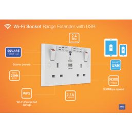 British General 900 Series 13A 2-Gang SP Switched Wi-Fi Extender Socket + 2.1A 10.5W 1-Outlet Type A USB Charger White