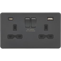 Knightsbridge  13A 2-Gang SP Switched Socket + 4.0A 20W 2-Outlet Type A & C USB Charger Anthracite with Black Inserts