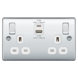 British General Nexus Metal 13A 2-Gang SP Switched Socket + 2.4A 22W 2-Outlet Type A & C USB Charger Polished Chrome with White Inserts