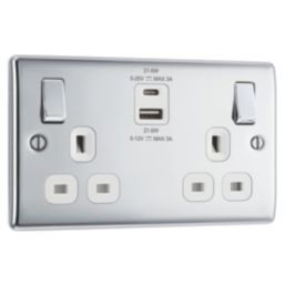 British General Nexus Metal 13A 2-Gang SP Switched Socket + 2.4A 22W 2-Outlet Type A & C USB Charger Polished Chrome with White Inserts