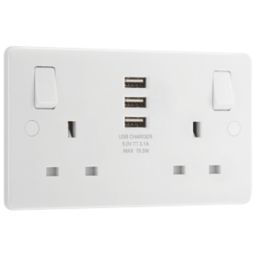 LAP  13A 2-Gang SP Switched Socket + 3.1A 15.5W 3-Outlet Type A USB Charger White