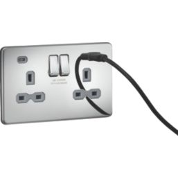 Knightsbridge  13A 2-Gang SP Switched Socket + 4.0A 20W 2-Outlet Type A & C USB Charger Polished Chrome with Grey Inserts