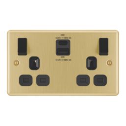 LAP  13A 2-Gang SP Switched Socket + 3A 45W 2-Outlet Type A & C USB Charger Satin Brass with Black Inserts