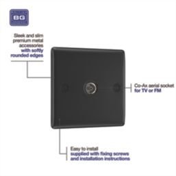 British General Nexus Metal 1-Gang Coaxial TV / FM Socket Matt Black with Colour-Matched Inserts