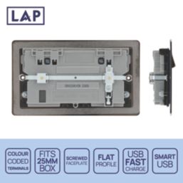LAP  13A 2-Gang SP Switched Socket + 3A 45W 2-Outlet Type A & C USB Charger Black Nickel with Black Inserts