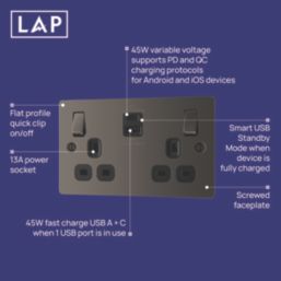 LAP  13A 2-Gang SP Switched Socket + 3A 45W 2-Outlet Type A & C USB Charger Black Nickel with Black Inserts