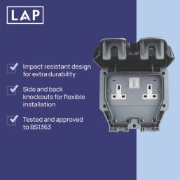 LAP  IP66 13A 2-Gang 2P+E Weatherproof Outdoor Switched Socket