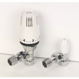 Myson PLUSPAK10AC 10mm x 1/2" Chrome/White Angled Standard Thermostatic Radiator Valve & Lockshield