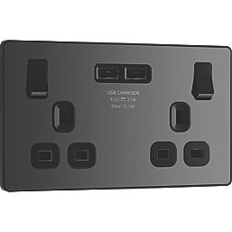 British General Evolve 13A 2-Gang SP Switched Socket + 3.1A 15.5W 2-Outlet Type A USB Charger Black Chrome with Black Inserts