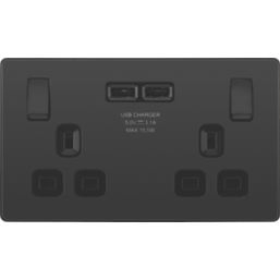 British General Evolve 13A 2-Gang SP Switched Socket + 3.1A 15.5W 2-Outlet Type A USB Charger Black Chrome with Black Inserts
