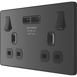 British General Evolve 13A 2-Gang SP Switched Socket + 3.1A 15.5W 2-Outlet Type A USB Charger Black Chrome with Black Inserts