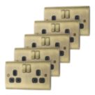 British General Nexus Metal 13A 2-Gang DP Switched Plug Sockets Antique Brass  with Black Inserts 5 Pack