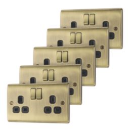 British General Nexus Metal 13A 2-Gang DP Switched Plug Sockets Antique Brass  with Black Inserts 5 Pack